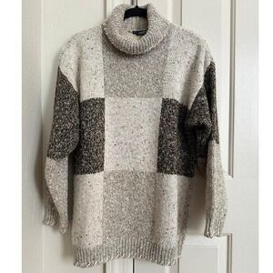 Vintage 90s Chunky Knit Turtleneck Sweater Colorblock Cream & Olive Wool Blend S